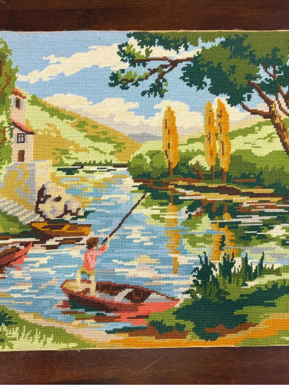 Vintage Needlepoint Tapestry French Country Fishing River Cottage Landscape 27x1